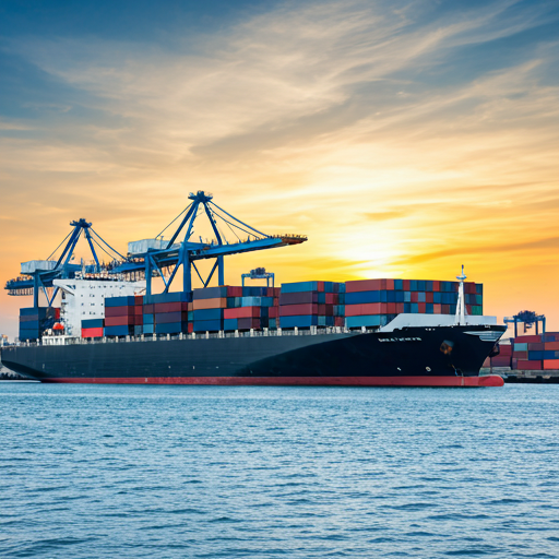 Container ship at a busy port during sunset